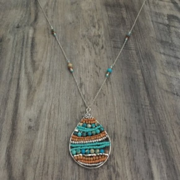 Long Silver Colored Boho Beaded Teardrop Necklace - Picture 3 of 3